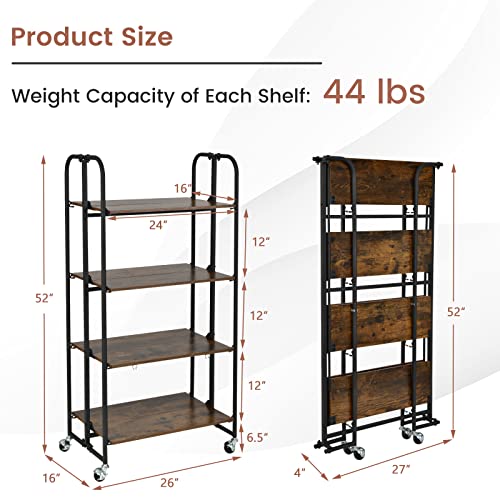 Giantex Foldable Storage Shelves with Wheels, No Assembly 4-Tier Rolling Cart, 2 of The Wheels Have Locks, Microwave Utility Cart Baker Rack, Portable Storage Rack w/Metal Frame, for Kitchen, RV - size: 52'' Tall