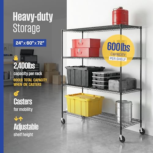 SafeRacks - NSF Certified Storage Shelves, Zinc, Heavy Duty Steel Wire Unit with Wheels and Adjustable Feet, Garage or Bakers Rack, Kitchen, Pantry Shelf - (24"x60"x72" 4-Tier) (Black) - color: Black, size: 24"x60"x72" 4-Tier