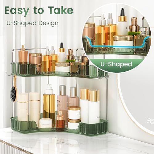 Corner Counter Organizer, 2-Tier Bathroom & Kitchen Storage Tray with Hooks | PET Green Vanity Organizer for Skincare, Makeup & Jewelry - color: Green, size: 2 Tier
