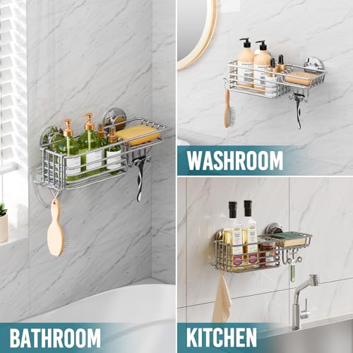 TAILI Shower Caddy Suction Cup with Hooks & Soap Holder, Heavy Duty Bathroom Shower Organizers, Removable Bathroom Shelves for Inside,Stainless Steel Bathroom Holder - style: 1 × Silver Basket