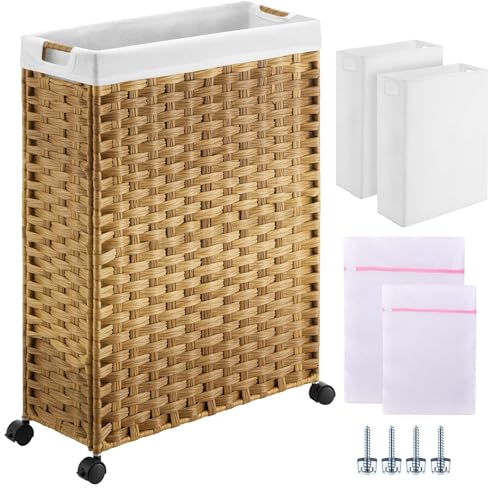 Greenstell Laundry Hamper with Wheels, 17.4 Gallon (66L) Slim Laundry Basket with 2 Removable Liner Bags & 2 Mesh Bags, Narrow Rattan Clothes Hamper for Bedroom, Laundry Room, Bathroom, Natural - color: Natural, size: 66L (19.7 x 7.9 x 27.6 inches)
