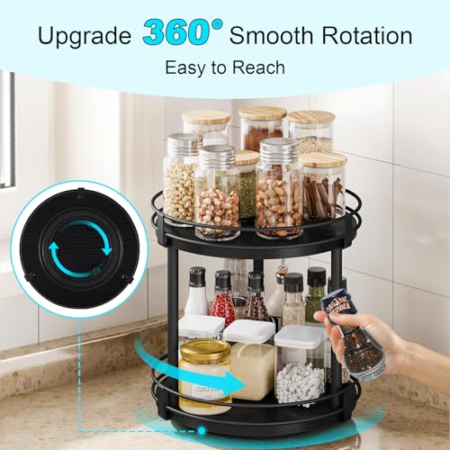 Snughome Lazy Susan Spice Rack, 2 Tier Rotating Spice Rack, Wood Lazy Susan Organizer for Cabinet, Black Kitchen Counter Shelf, 10.2" x 10.2" x 10.4" - color: Black, size: 10.2" x 10.2" x 10.4"