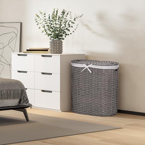 Seville Classics Premium Handwoven Portable Laundry Bin Basket with Carrying Handles, Household Storage for Clothes, Linens, Sheets, Gray, Oval Hamper - color: Gray, size: Oval Hamper (1-Pack)