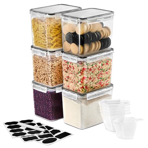 Sorbus Food Storage Containers - Pack of 6 - Air Tight, Four-Way Snap Lids Keeps Food Fresh - Store Cereal, Pasta, Flour, Nuts, Candy - Durable Plastic Kitchen Pantry Bins - size: 6 Pack