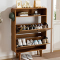 Fluted Shoe Cabinet with 2 Flip Drawers, Narrow Shoe Rack with Open Storage & Hooks, Freestanding Hidden Organizer Shoe Storage for Entryway, Hallway, Walnut