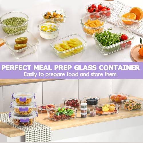 34pcs Glass Food Storage Containers with Lids Set, Airtight Glass Meal Prep Containers (17 Containers & 17 Lids), Leak Proof Lunch Container BPA-Free, Microwave, Oven, Freezer, Dishwasher Safe-Purple - color: PURPLE