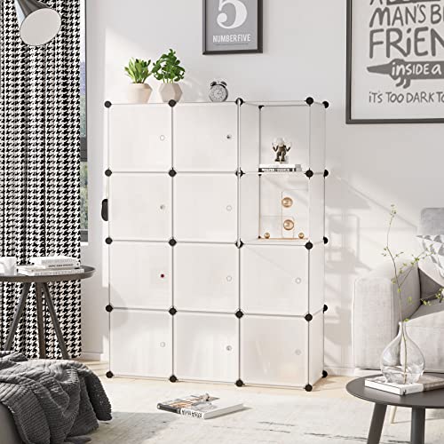 C&AHOME Cube Storage Organizer with Doors, 12-Cube Shelves, Closet Cabinet, DIY Plastic Modular Bookshelf Ideal for Bedroom, Living Room, 36.6”L x 12.4”W x 48.4”H Transparent White USHS3012W-DOOR - color: Transparent White