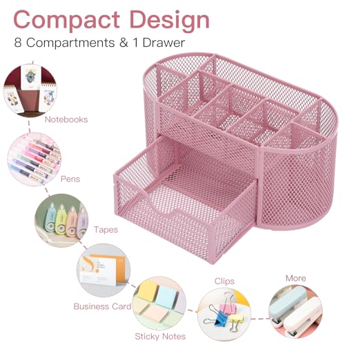 EOOUT Pink Desk Organizer, Pen Holder for Desk and Accessories, Mesh Desk Organizer with 8 Compartments and 1 Drawer for Office Home School Classroom - color: Pink