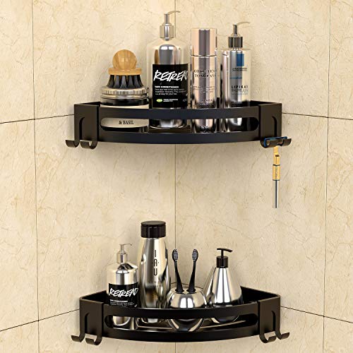 Bakzon Corner Shower Caddy, Shower Shelf Corner No Drilling Bathroom Shower Organizer Storage Rack Adhesive with Razor Holder, 2 Pack, Black - color: Black