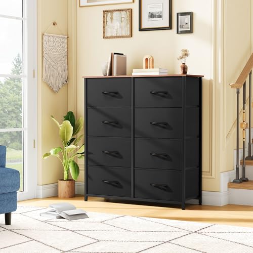 DWVO Dresser for Bedroom, Fabric Dresser with 8 Drawers, Tall Double Drawer Chest of Drawers for Closet, Living Room, Sturdy Steel Frame, Wooden Top, Easy Pull Handle - color: A - Cool Charcoal Grey, style: 8-Drawer