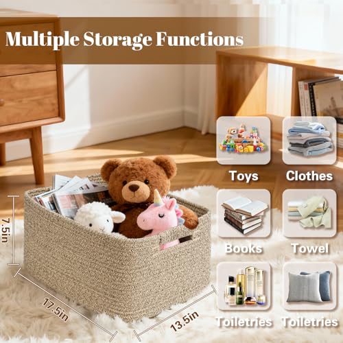 2 Pack Large Storage Basket for Organizing, 17.5"x13"x7" Woven Basket for Shelves, Closet Cube Storage Bins with Wrapped Handle, Cotton Rope Baskets for Kitchen, Clothes, Toys (Natural)) - color: Natural, size: 2 Pack