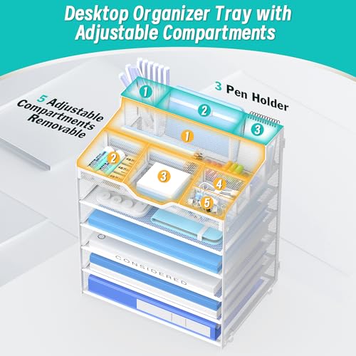 6 Tier Mesh Desk Organizer,Multi Functional Letter Paper Tray with 3 Pen Holders and 5 Adjustable Storage Compartments for Office Supplies Files and Mail Space Saving Desktop Organizer-White - color: 6 Tier-white