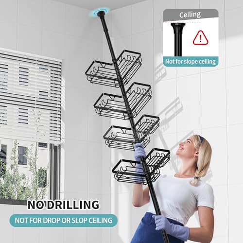 KEGII Shower Caddy Corner Tension Pole with Toothbrush Holder - Adjustable Corner Shower Organizer with Tooth Brush Holder, No Drilling Rustproof Bathroom Shelf Storage Rack, Fits 25-114.2 Inch - color: Black