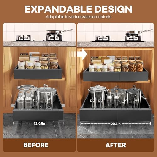 Seinloes 6Pack Expandable Pull Out Cabinet Organizer 21"Deep with Raising Pad for Framed Cabinets,Slide Out Drawers with 4pcs Divider Racks,Roll Out Shelves Adhesive,Adjustable Width 12.05"-20.4"Black - color: Black, size: 21"D x 12.05"-20.4"W(6Pack)