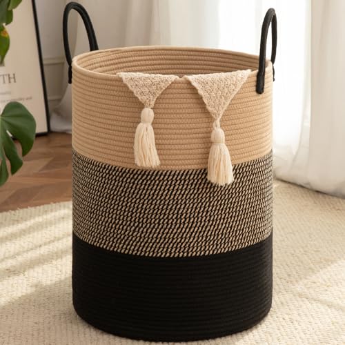 OIAHOMY Large Laundry Basket Hamper - 100L Cotton Rope Woven Basket for Blankets, Toys, Clothes - Tall Decorative Nursery Hamper with Long Handles, Yellow/Black - color: Yellow/Black, size: 100L