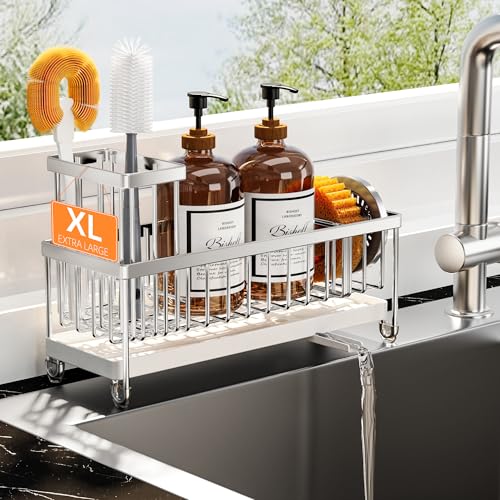 Cisily Sponge Holder for Kitchen Sink, Sink Caddy Organizer with High Brush Holder, Kitchen Countertop Organizers and Storage Essentials, Rustproof 304 Stainless Steel (Silver, 10.62″) - color: Large Silver