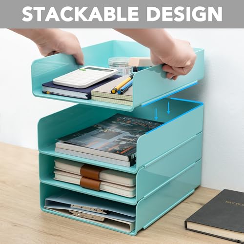 Tiawudi Desk Organizer, Office Organization and Storage, Plastic Letter Tray, Stackable File Organizer for Classroom, Home, Documents, Notes, Folders, Books and Pens, 4 Tier - color: Mint