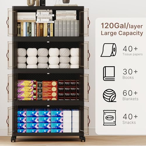 480QT Extra Large Stackable Storage Bins with Lids & Wheels & Door, 120Gal Foldable Collapsible Closet Organizers, Plastic containers drawers for bedroom Dorm - color: Black