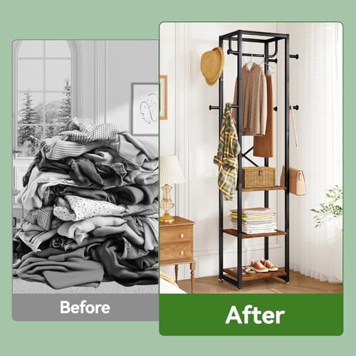 IBUYKE Coat Rack with Shelves, Freestanding Hall Tree with 3 Shelves and 8 Hooks, Industrial Clothes Stand for Entryway, Hallway, Bedroom, Rustic Brown UTMJ088H - color: Rustic Brown