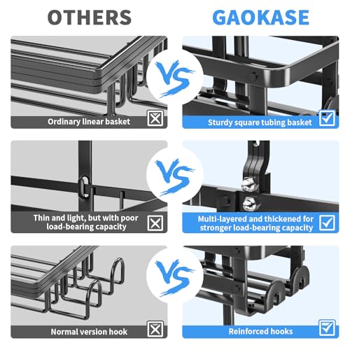 GAOKASE Aluminum Shower Caddy Hanging, Never Rust Shower Organizer- 4 Levels with adjustable Height 10 Hooks for Razor/Sponge - Rack with Soap Basket (Black-1) - color: Black-1
