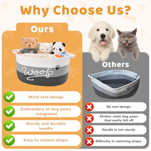 Woof Dog Toy Basket with Handles, Large Dog Toy Storage Bin with Paw Print, Woven Dog Basket for Blankets, Toys, Chews, Pet Toy Box for Nursery, Living Room, Bedroom, 17”x12”x9, Grey - color: Grey