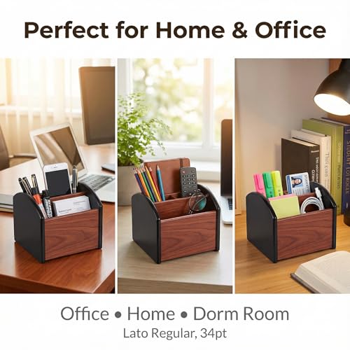 Wooden Desk Organizer with 4 Compartments, Remote Control Holder, Office Storage Caddy, 360-degree rotation Black and Brown Desk Organizer for Office Supplies