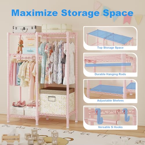 Ulif F1 Clothes Rack for Kids, Baby, Students, and Children's Room, 4 Tiers Portable Metal Closet Clothing Rack, Small Garment Rack with 2 Hanging Rod, 31.2" W x 11.8" D x 48" H, Pink - color: Pink