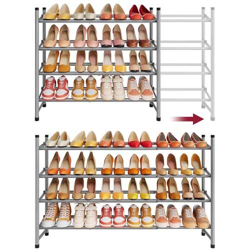 Tajsoon Expandable Shoe Rack for Closet 4 Tier, 29“-41“Adjustable & Stackable Shoe Shelf Storage, Metal Shoe Rack Organizer for Front Door Entrance, Closet, Garage, Entryway, Grey - color: Grey, size: 4 Tier