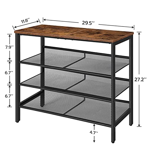 HOOBRO Shoe Rack for Entryway, 4-Tier Shoe Organizer with Adjustable Mesh Shelves, 12-16 Pairs of Shoes, Spacious Floor Mount, Metal, Industrial, Shoe Shelf for Closet, Rustic Brown BF42XJ01 - color: Rustic Brown + Black, size: 29.5"W x 11.8"D x 27.2"H