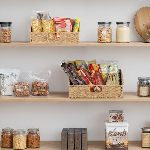 StorageWorks Pantry Baskets for Organizing, Paper Rope Storage Baskets for Shelves with Built-in Handles, Pantry Organizers and Storage, Natural, Set of 2 (Large and Medium) - color: Light Brown(Paper Rope), size: 15¾"L x 11"W x 7½"H + 14¼"L x 9¾"W x 6¾"H