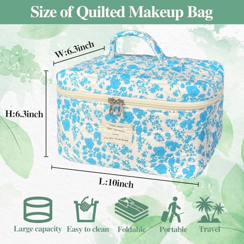 Lake Blue Large Quilted Floral Makeup Bag Cute Soft Coquette Aesthetic Cosmetic Bag Cotton Travel Toiletry Bag for Women - color: A-Lake Blue