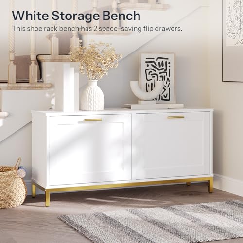 HOOBRO Shoe Bench with Storage, Shoe Storage Bench with 2 Flip Drawers, 39.4" Shoe Cabinet with Bench, Hidden Shoe Rack Organizer for Entryway, Foyer, Hallway, White and Gold DW48HX01 - color: White + Gold