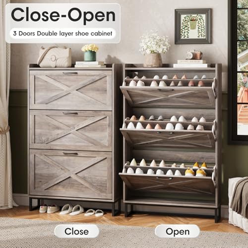 Maupvit Shoe Storage Cabinet with 3 Flip Drawers, Freestanding Organizer with Metal Legs for Entryway, Narrow Shoe Rack Cabinet, Washed Gray - color: Washed Gray, style: 3-Drawers
