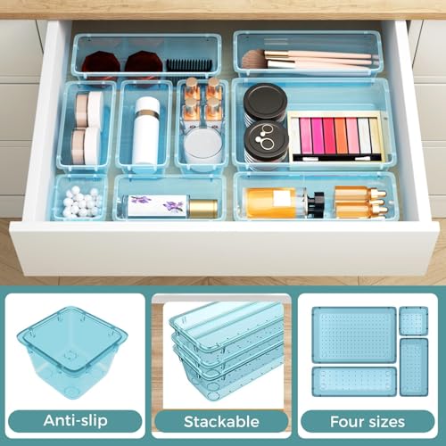 WOWBOX 44 PCS Clear Plastic Drawer Organizer Set, 6 Varied Size storage Bins and Desk Drawer Organizer Trays for Makeup, Gadgets, Jewelry and Utensils in Bathroom, Bedroom and Office, Clear Sea Blue - color: Sea Blue