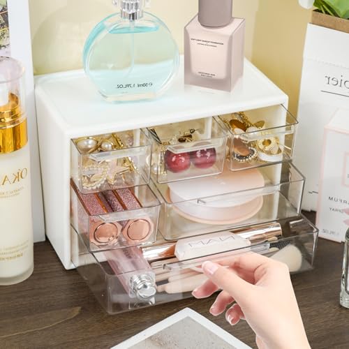 Mini Desk Storage Organizer with 6 Drawers, FODIENS Stackable Desktop Craft Drawer Cabinet, Clear Storage Box Caddy for Makeup Jewelry Office Craft Supplies (White) - color: White