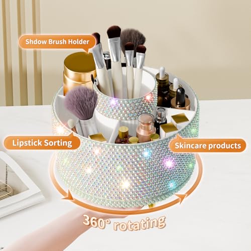 fanado Bling 360° Rotate Makeup Brush Holder Organizer, Makeup Organizers Countertop, Makeup organization and Skincare Storage for Vanity, Gift for Women Girls (Bling dz-White AB) - color: Bling dz-White AB