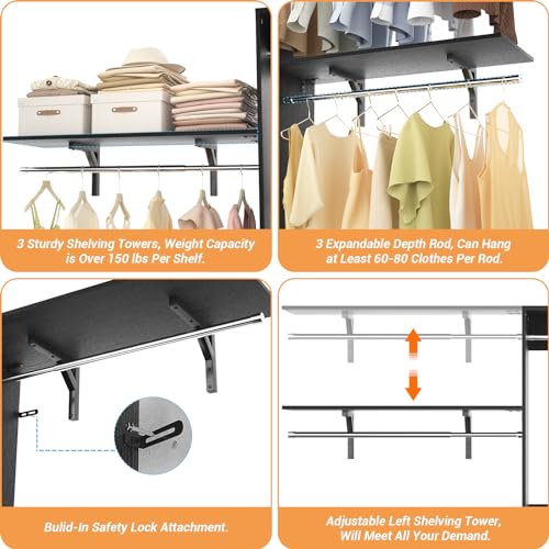 iSunirm 8FT Closet System with Shelves, 96'' Closet Organizer System with 3 Hanging Rods, Wall Mount Bedroom Wardrobe Walk-in Closet, Adjustable Cloth Garment Rack from 5 to 8FT (Cut to Fit), Black - color: Black