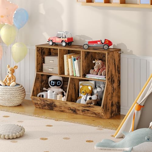 HOOBRO Kids Bookshelf, Bookcase Footboard, Toy Storage Cubby, 35.4" L Children's Toy Shelf, Toy Storage Cabinet, Fit for Children's Room, Playroom, Hallway, Kindergarten, Rustic Brown BF32CW01 - color: Rustic Brown, size: 35.4"L x 11.8"W x 29.5"H