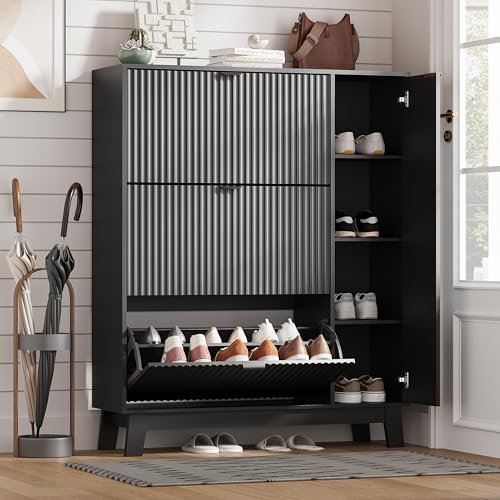 Shoe Cabinet Storage for Entryway with 3 Flip Drawers & Side Cabinet, Fluted Narrow Shoe Organizer with Wooden Leg, Freestanding Shoe Storage Hidden Shoe Rack Organizer for Front Door Entrance, Black - color: Black, size: 3 Drawer with Door