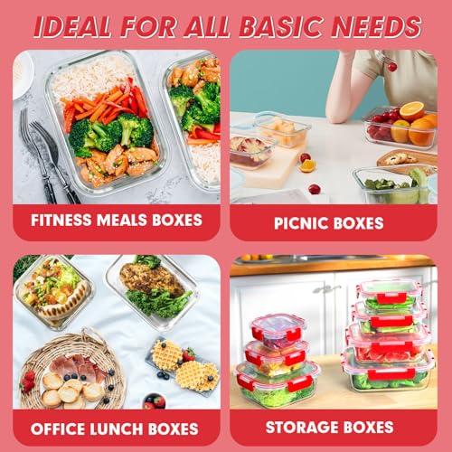 VERONES 30 Pieces Glass Meal Prep Containers Set, Stackable Glass Food Storage Containers with Lids-Airtight Lunch Containers，for Microwave, Oven, Freezer & Dishwasher,Red - color: Red