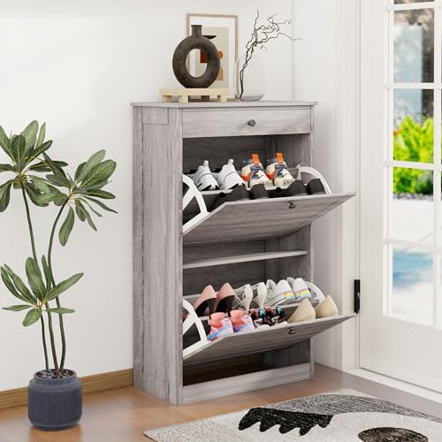FTZxHKLX Shoe Storage Cabinet with 2 Flip Drawers, Narrow Freestanding Hidden Shoe Rack Cabinet, Pet-Proof Shoe Organizer for Closet, Entryway, Hallway, Wash Grey - color: Wash Grey, size: 1pcs