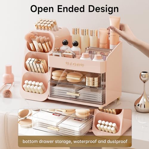 Makeup Organizer for Vanity with Brush Holder, Large Plastic Bathroom Countertop Skincare Organizer with 2 Drawers, Spacious Cosmetic Display Case for Perfumes, Eyeshadow Palettes, Nail Polishes - color: Pink, size: Large
