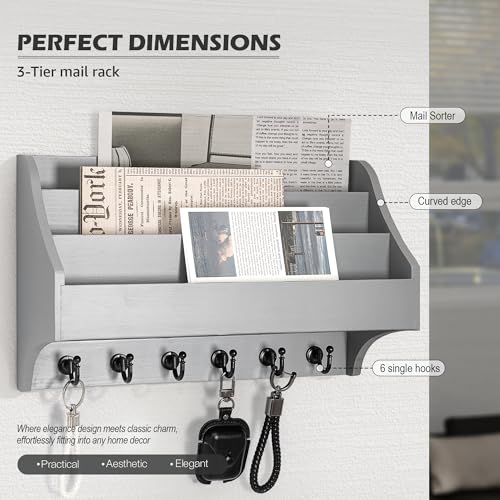 Rebee Vision Pine Wood Key Holder Wall Mount - Farmhouse 3-Tire Mail Holder for Wall with 6 Key Hooks - Multifunctional File Organizer for Home Decor & Entryway (Gray) - color: Gray