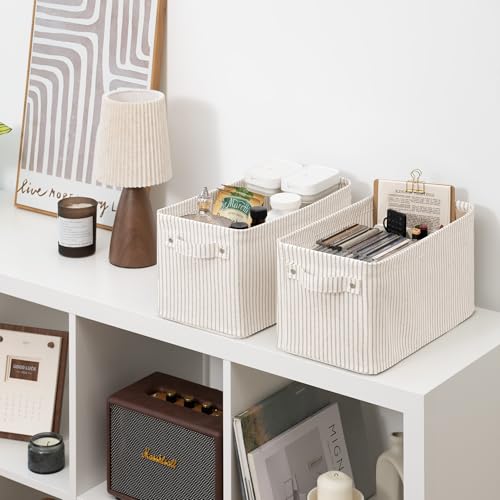 StorageWorks Narrow Storage Bins, Small Basket for Closet and Shelves, Rectangular Fabric Organizer with Handles, Toilet Paper Storage, Khaki and Beige Stripes, 2-Pack - color: Khaki and Beige Stripes, size: 15"L x 7¾"W x 7¼"H