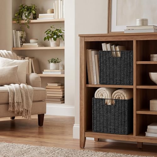 StorageWorks 13 inch Wicker Storage Baskets, Handwoven Wicker Basket for Organizing, Foldable Square Storage Cubes, Black, Paper Rope, 2 Pack - color: Black, size: 13"L x 13"W x 13"H