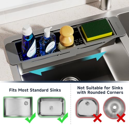 NiHome Extendable Over Sink Kitchen Organizer, Small Telescopic Brush Storage Rack for Sponge, Non-Slip Pads Expandable Sink Caddy, Adjustable Sponge/Brush Rack with Drainage Durable ABS (Dark Gray) - color: Dark Gray, size: Standard
