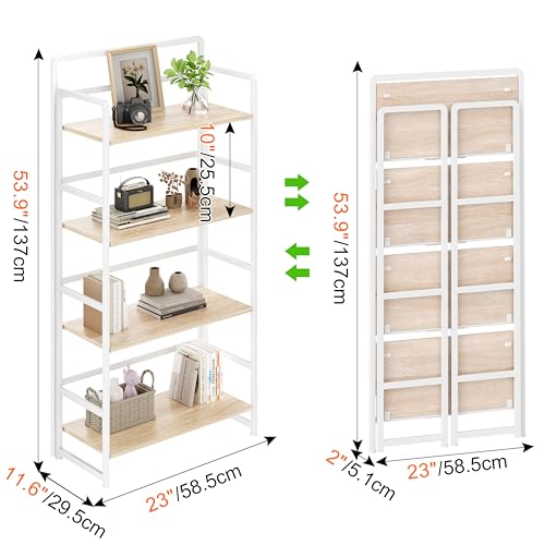No Assembly Folding Bookshelf, 4 Tiers Collapsible Book Shelf for Home Office, Vintage Wood Foldable Bookcase Storage Organizer for Living Room Bedroom (Beige) - color: Beige, size: 4-tier