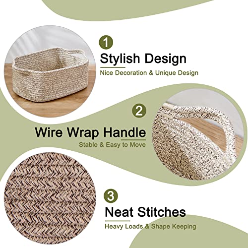 OIAHOMY Cotton Rope Baskets, Woven Baskets for Storage, Nursery Storage Baskets, Rectangle Storage Basket with Handles, Storage Baskets for Shelves, Pack of 3, Brown Variegated - color: Brown Variegated