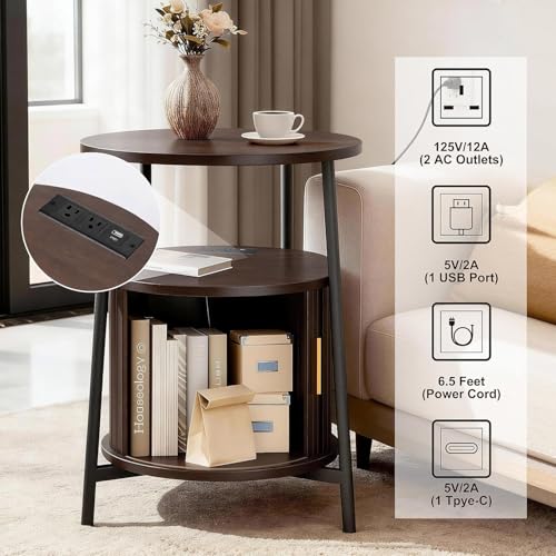 Round End Tables Set of 2: Fluted Side Table with Drawer & Charging Station, Mid-Century Modern Nightstand with Sliding Door for Small Space Storage, Living Room, Bedroom - color: Dark Walnut, size: 2 PACK