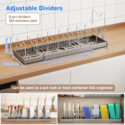 Mustorn Pots and Pans Organizer Under Cabinet, 22" Expandable Food Storage Container Lid Organizers with 9 Adjustable Dividers Pot and Pan Lid Holders Rack Inside Cabinet/Countertop(1 Pack, Gray) - color: Gray(Expandable), size: 1 Pack
